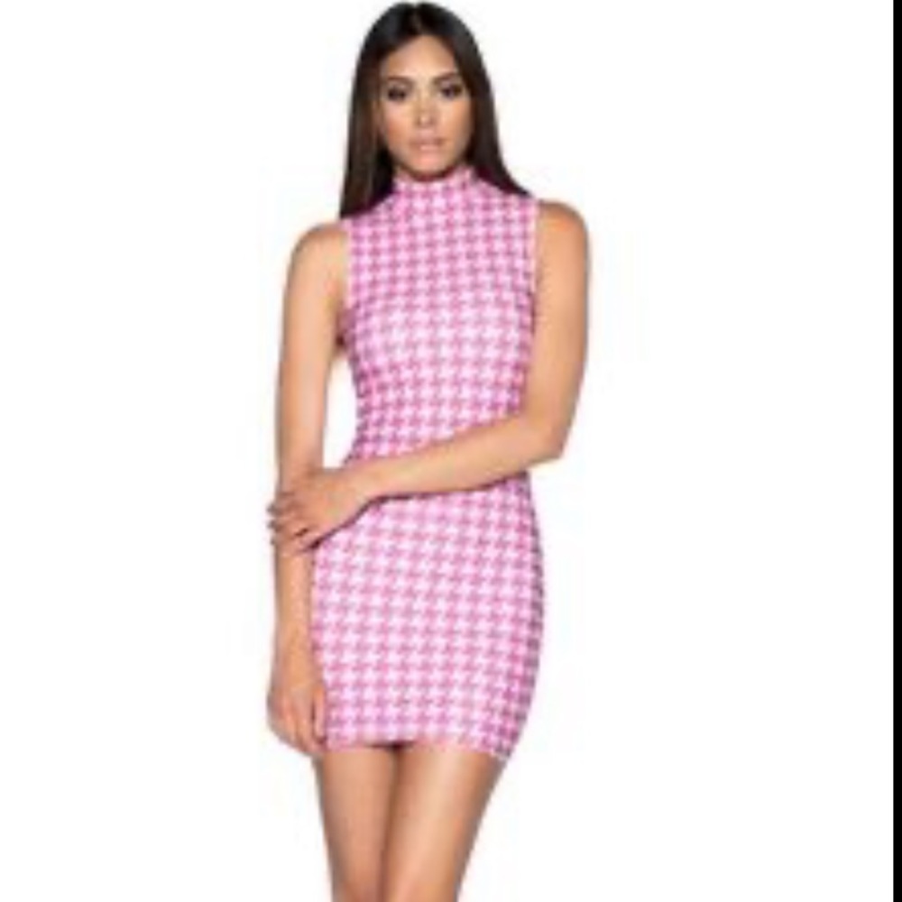 Black Milk Clothing High Neck Toastie Dress XS Pink Houndstooth
